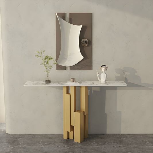 Modern Rectangle Console Table with Sintered Stone Top – Gold & Black Accent Foyer Table