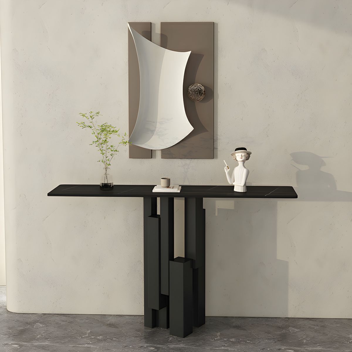 Modern Rectangle Console Table with Sintered Stone Top – Gold & Black Accent Foyer Table
