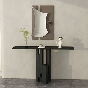 Modern Rectangle Console Table with Sintered Stone Top – Gold & Black Accent Foyer Table