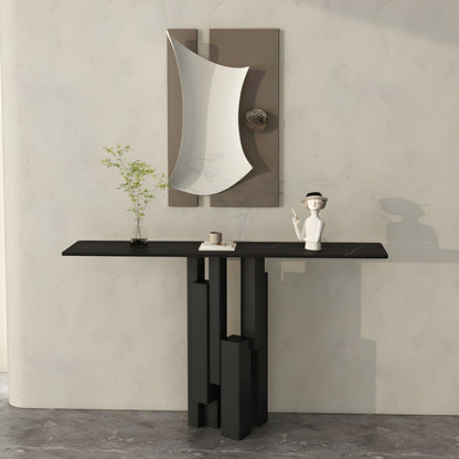 Modern Rectangle Console Table with Sintered Stone Top – Gold & Black Accent Foyer Table