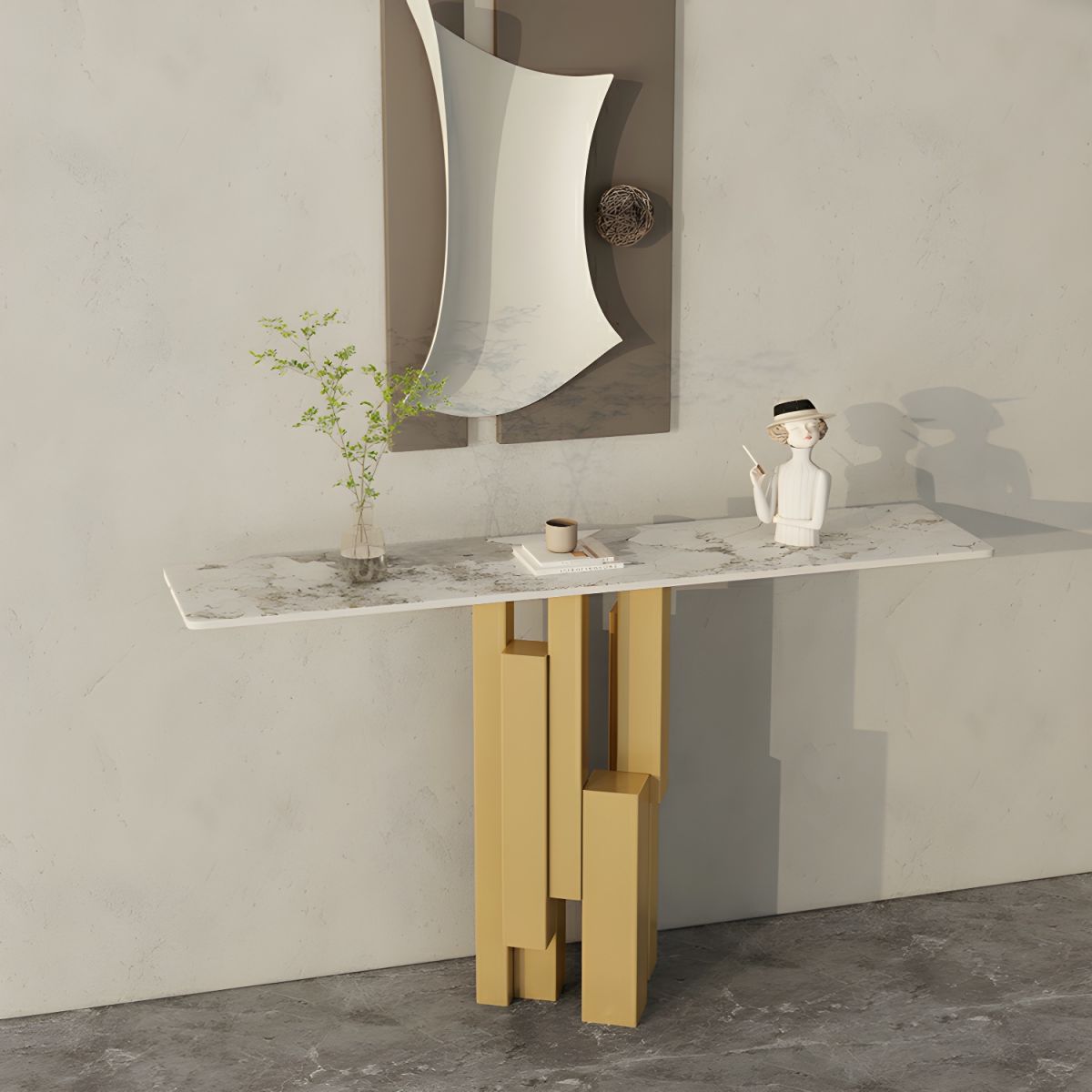 Modern Rectangle Console Table with Sintered Stone Top – Gold & Black Accent Foyer Table