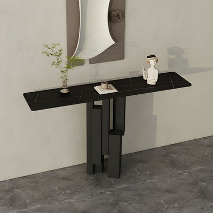Modern Rectangle Console Table with Sintered Stone Top – Gold & Black Accent Foyer Table