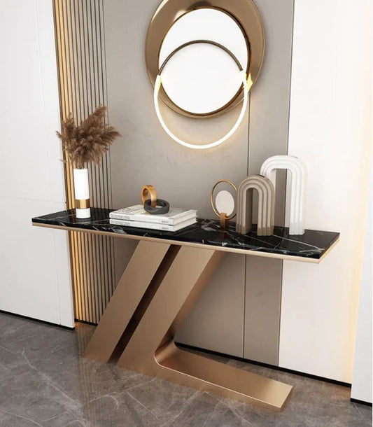 Modern Console Table with Stone Top and Gold Metal Base – Scratch-Resistant Entryway Table for Living Room or Hall