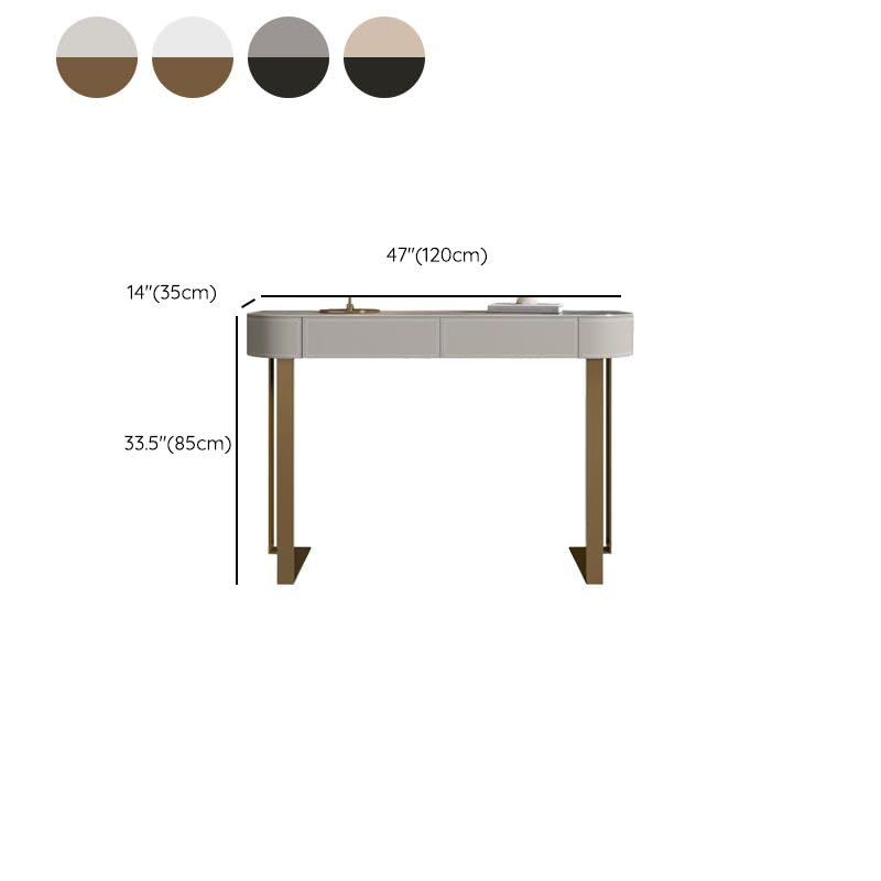 Interiors Modern Console Table with White Stone Top, Double Pedestal Metal Base, and Storage Drawers