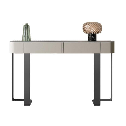 Interiors Modern Console Table with White Stone Top, Double Pedestal Metal Base, and Storage Drawers