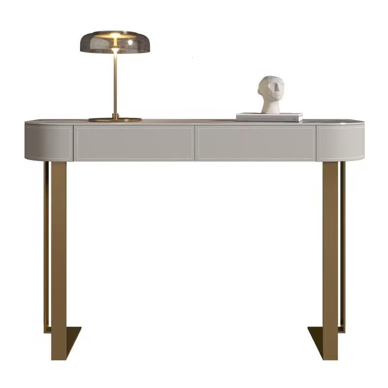 Interiors Modern Console Table with White Stone Top, Double Pedestal Metal Base, and Storage Drawers