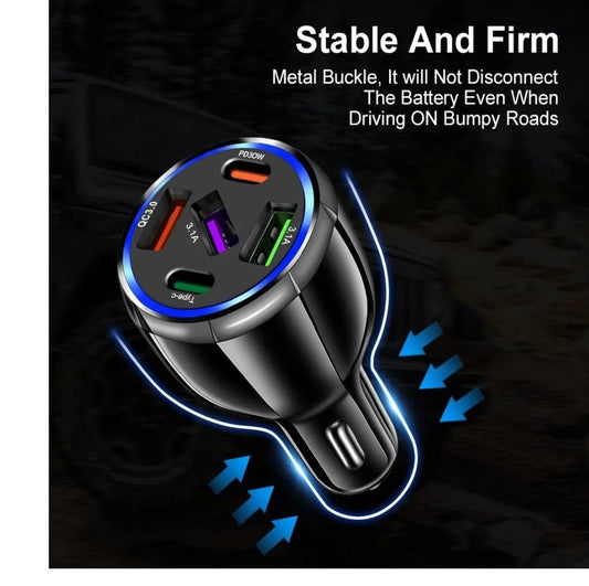 5 Port Car Cigarette Lighter Socket QC3.0 USB Type C Fast Charger Power Adapter