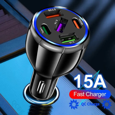 5 Port Car Cigarette Lighter Socket QC3.0 USB Type C Fast Charger Power Adapter