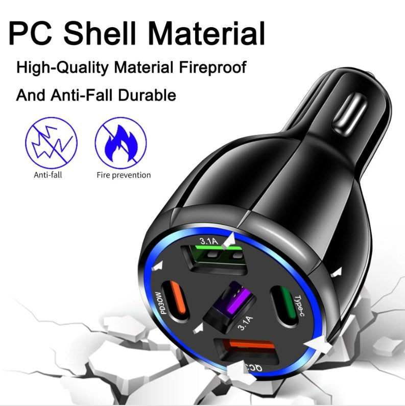 5 Port Car Cigarette Lighter Socket QC3.0 USB Type C Fast Charger Power Adapter