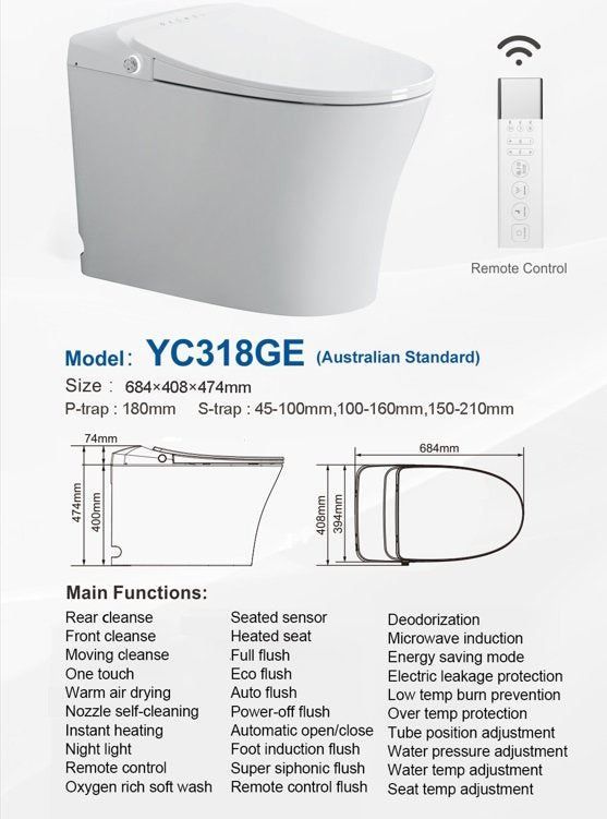 Smart Toilet, with Warm Water Dual Auto with Remote Flush with Australian Watermark