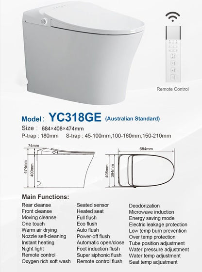 Smart Toilet, with Warm Water Dual Auto with Remote Flush with Australian Watermark