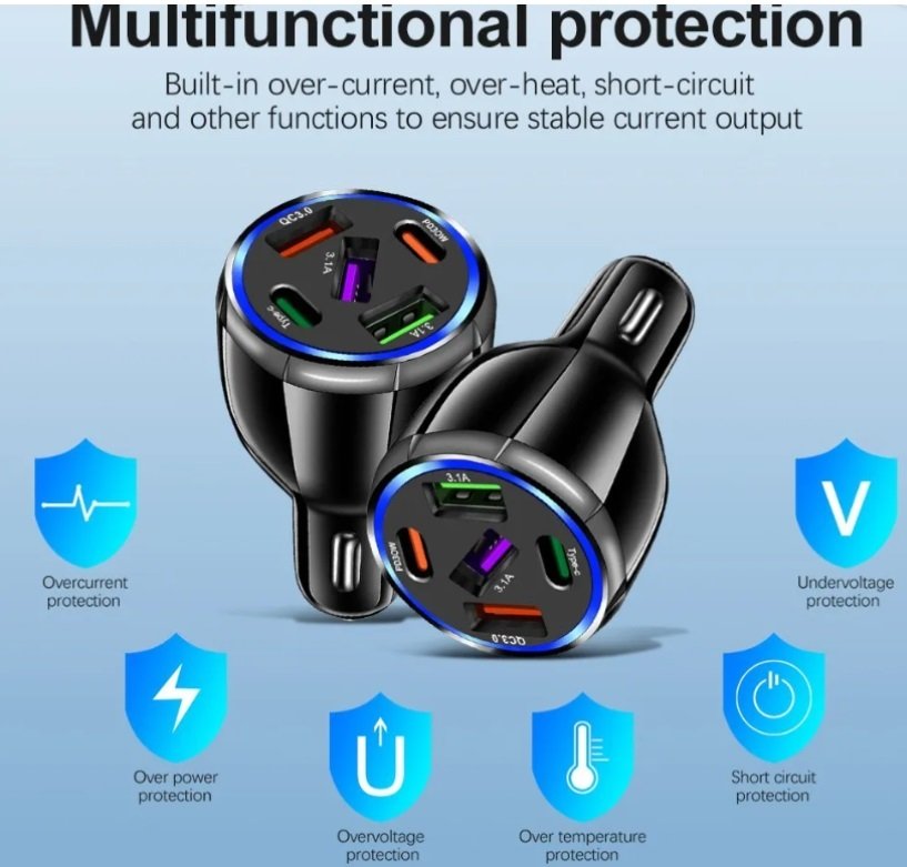5 Port Car Cigarette Lighter Socket QC3.0 USB Type C Fast Charger Power Adapter