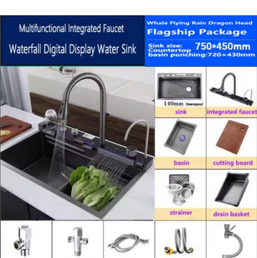 Kitchen Sink Single Bowl, with Pull-Out Faucet, Pressurized Cup Washer, 5 Modes, Dual Control
