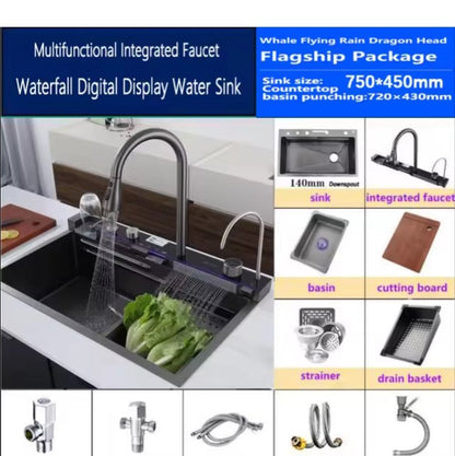 Kitchen Sink Single Bowl, with Pull-Out Faucet, Pressurized Cup Washer, 5 Modes, Dual Control