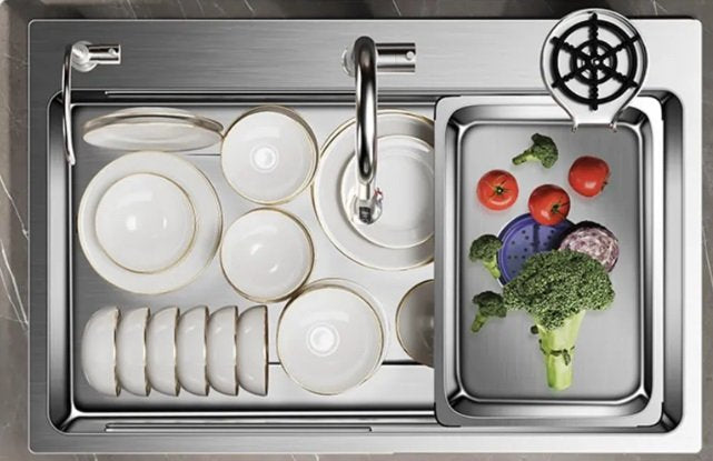 Modern Kitchen Sink Stainless Steel Sink Pull-Out Faucet with Cup Washer and Water Dispenser