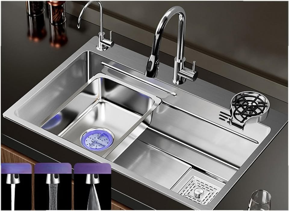 Modern Kitchen Sink Stainless Steel Sink Pull-Out Faucet with Cup Washer and Water Dispenser