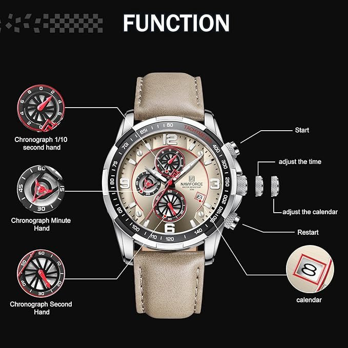 Naviforce Sport Watches for Men Analog Quartz Chronograph Leather Strap Wrist Watch
