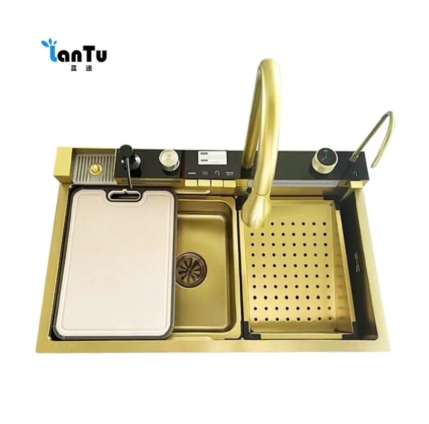 Kitchen Sink Single Bowl, with Pull-Out Faucet, Pressurized Cup Washer, 5 Modes, Dual Control