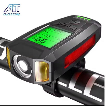 Bicycle Lights with Speedometer Odometer USB Rechargeable Headlight Loud Bell, 5 Lighting Modes