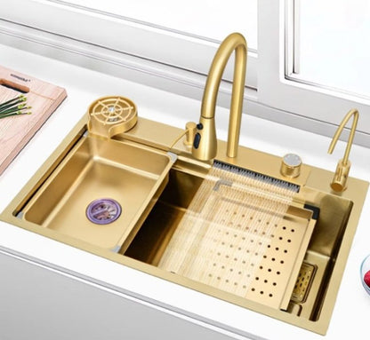 Kitchen Sink Stainless Steel Nano Raindance Waterfall With Pull-Out Faucet, Cup Washer
