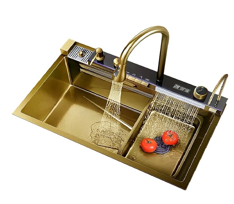 Kitchen Sink Single Bowl, with Pull-Out Faucet, Pressurized Cup Washer, 5 Modes, Dual Control