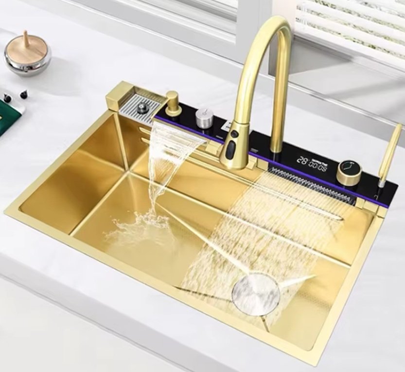 Kitchen Sink Single Bowl, with Pull-Out Faucet, Pressurized Cup Washer, 5 Modes, Dual Control