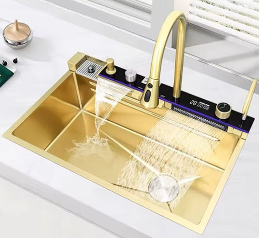 Kitchen Sink Single Bowl, with Pull-Out Faucet, Pressurized Cup Washer, 5 Modes, Dual Control