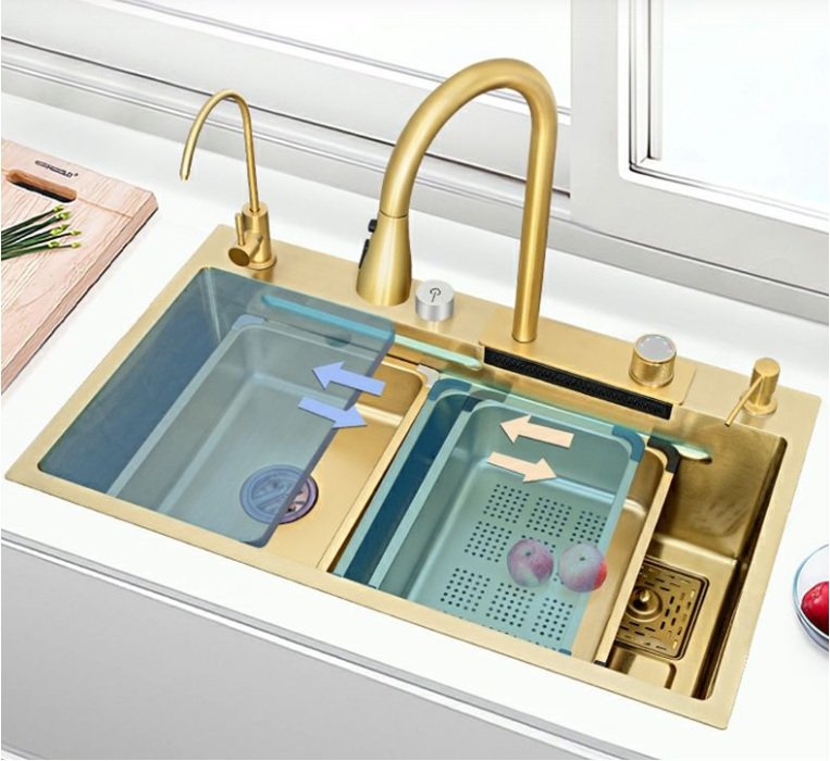 Kitchen Sink Stainless Steel Nano Raindance Waterfall With Pull-Out Faucet, Cup Washer