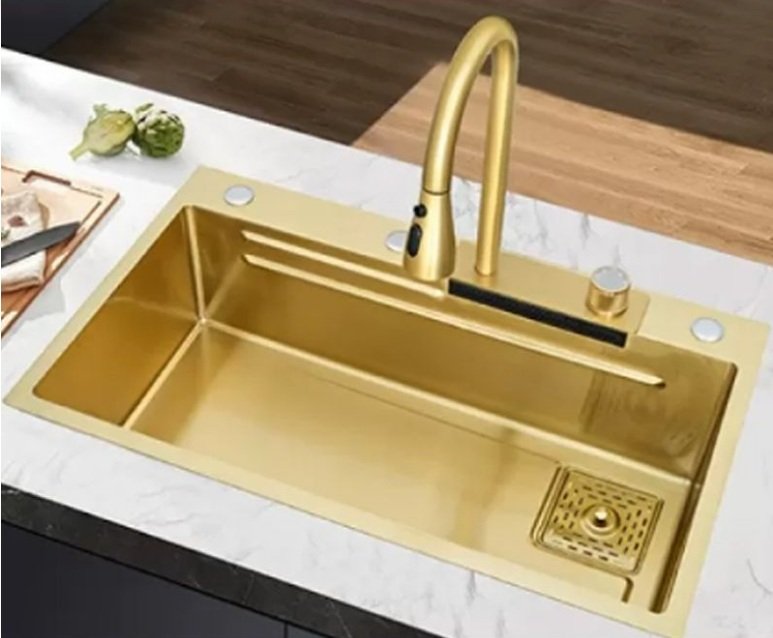 Kitchen Sink Stainless Steel Nano Raindance Waterfall With Pull-Out Faucet, Cup Washer