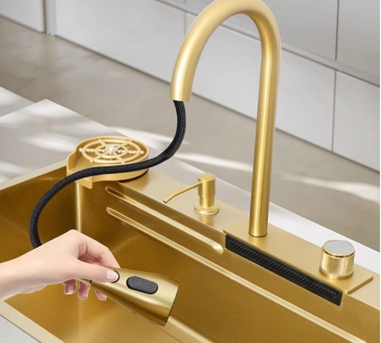 Kitchen Sink Stainless Steel Nano Raindance Waterfall With Pull-Out Faucet, Cup Washer