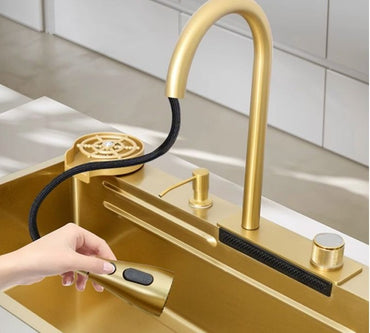 Kitchen Sink Stainless Steel Nano Raindance Waterfall With Pull-Out Faucet, Cup Washer