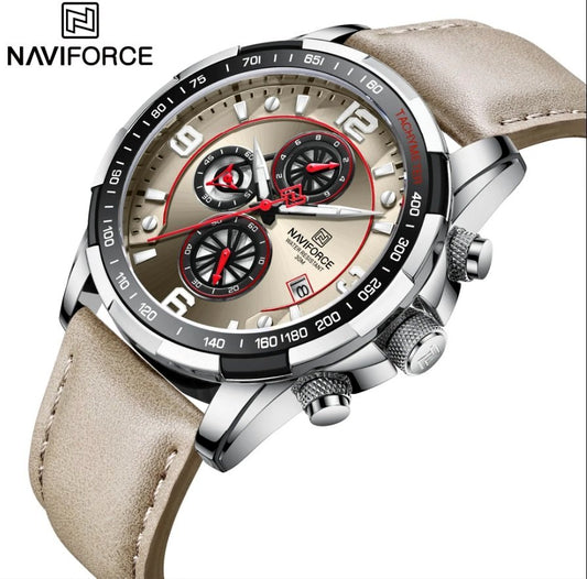 Naviforce Sport Watches for Men Analog Quartz Chronograph Leather Strap Wrist Watch