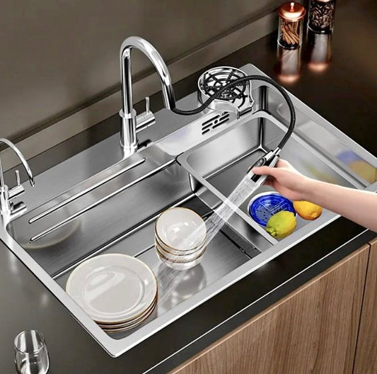 Modern Kitchen Sink Stainless Steel Sink Pull-Out Faucet with Cup Washer and Water Dispenser