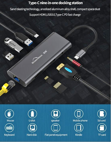 Brand New 9 in 1 Type C Hub with 3 USB, HDMI ,RJ 45,SD Card,TF card