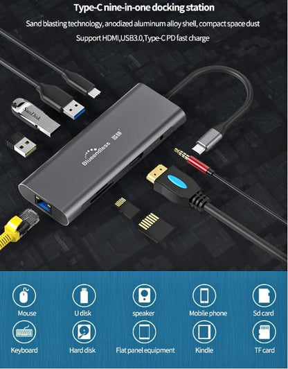 Brand New 9 in 1 Type C Hub with 3 USB, HDMI ,RJ 45,SD Card,TF card