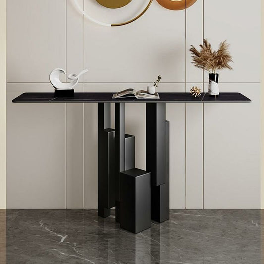 Elegant Modern Narrow Iron Console Table with Scratch Resistant Stone Top
