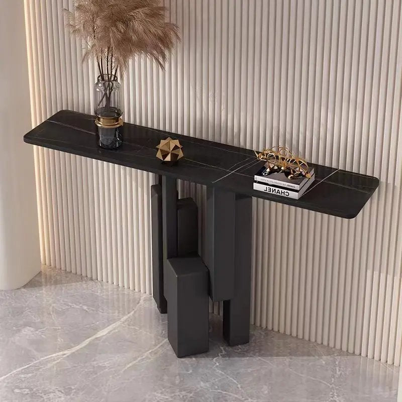 Elegant Modern Narrow Iron Console Table with Scratch Resistant Stone Top