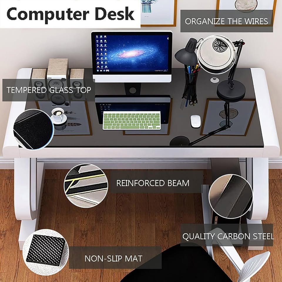 Tempered Glass Computer Desk - Modern Z-Shaped Metal Frame Computer Table