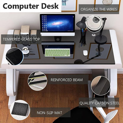 Tempered Glass Computer Desk - Modern Z-Shaped Metal Frame Computer Table