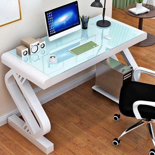 Tempered Glass Computer Desk - Modern Z-Shaped Metal Frame Computer Table