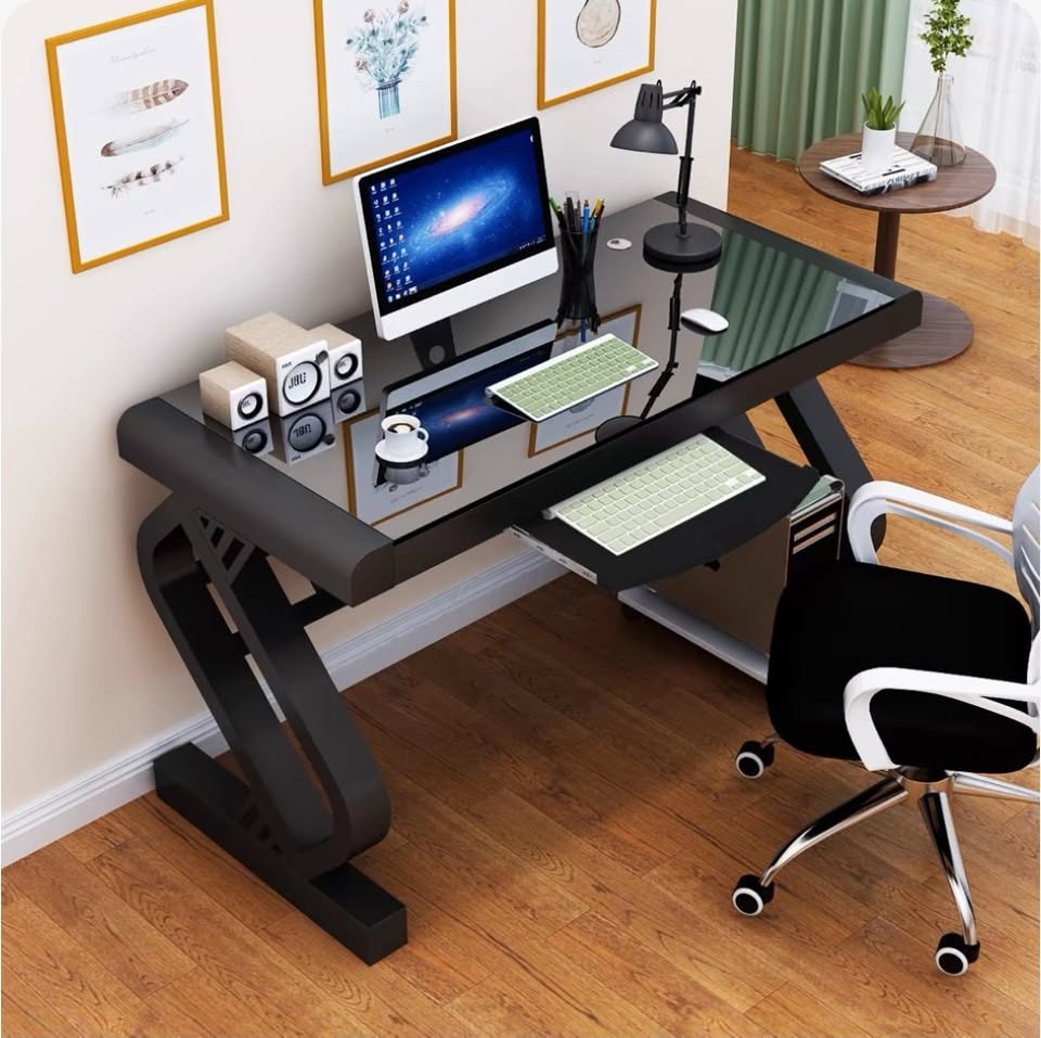 Tempered Glass Computer Desk - Modern Z-Shaped Metal Frame Computer Table
