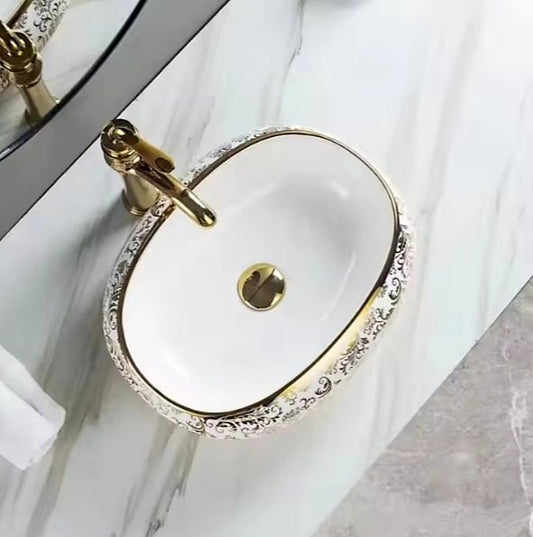 Luxury Oval Shape Ceramic Basin with White & Gold Design
