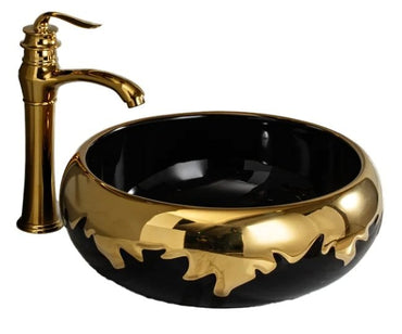 Modern Ceramic Bathroom Sink – Round Hand Wash Basin in Black & Gold