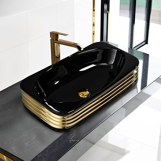 Black & Gold Glossy Finish Ceramic Table Top Designer Washbasin