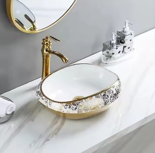 Luxury Oval Shape Ceramic Basin with White & Gold Design