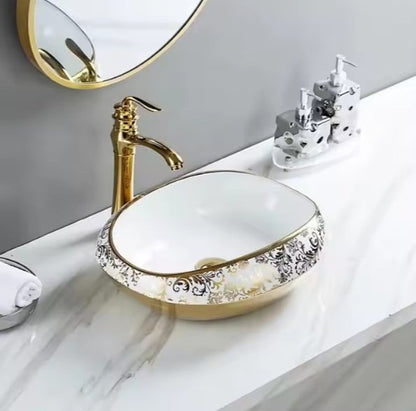 Luxury Oval Shape Ceramic Basin with White & Gold Design