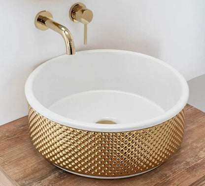 Gold Embossed Ceramic Basin – Round Luxury Design