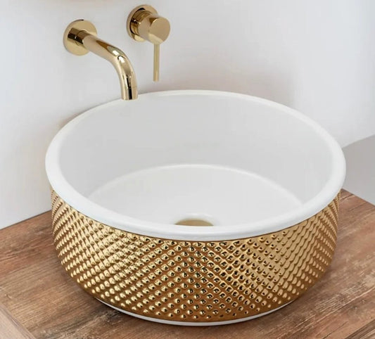 Gold Embossed Ceramic Basin – Round Luxury Design