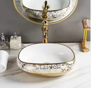 Luxury Oval Shape Ceramic Basin with White & Gold Design