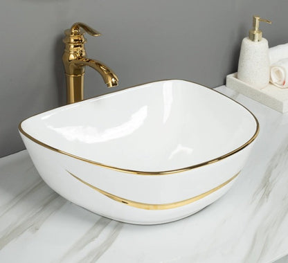 Gold-Trim Ceramic Luxury Countertop Basin